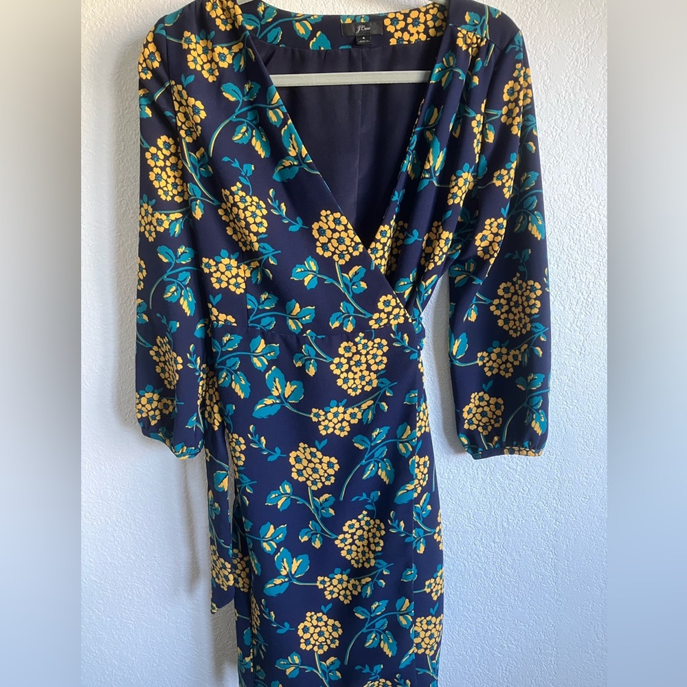 J. Crew Navy Dress with Yellow and Teal Floral Pattern
